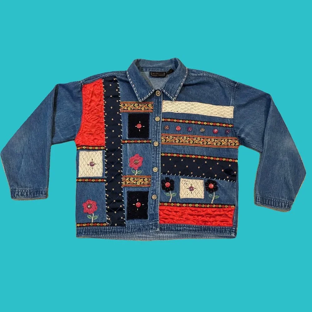 New Directions Vintage Textured Patchwork Denim Jacket Size L Preowned - Picture 3 of 6